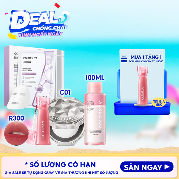  Combo Colorkey: Phấn Phủ Dạng Bột Colorkey Lasting Naturally-occurring Loose Powder + Nước Tẩy Trang 2 Lớp Colorkey + Son Kem Lì Colorkey Soft Matte Water Tint + Mặt Nạ Colorkey 