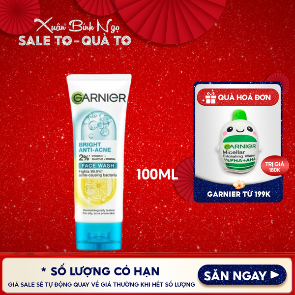  Sữa Rửa Mặt Garnier 3 Trong 1 Hỗ Trợ Giảm Mụn, Hỗ Trợ Dưỡng Sáng Da Bright Complete 3-in-1 Anti-Acne Foam 100ml 
