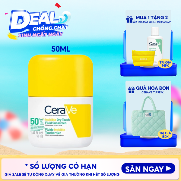  Sữa Chống Nắng Cerave Kiềm Dầu, Mỏng Nhẹ, Khô Thoáng Invisible Dry Touch​ Fluid Sunscreen SPF50+ PA++++​ 50ml 