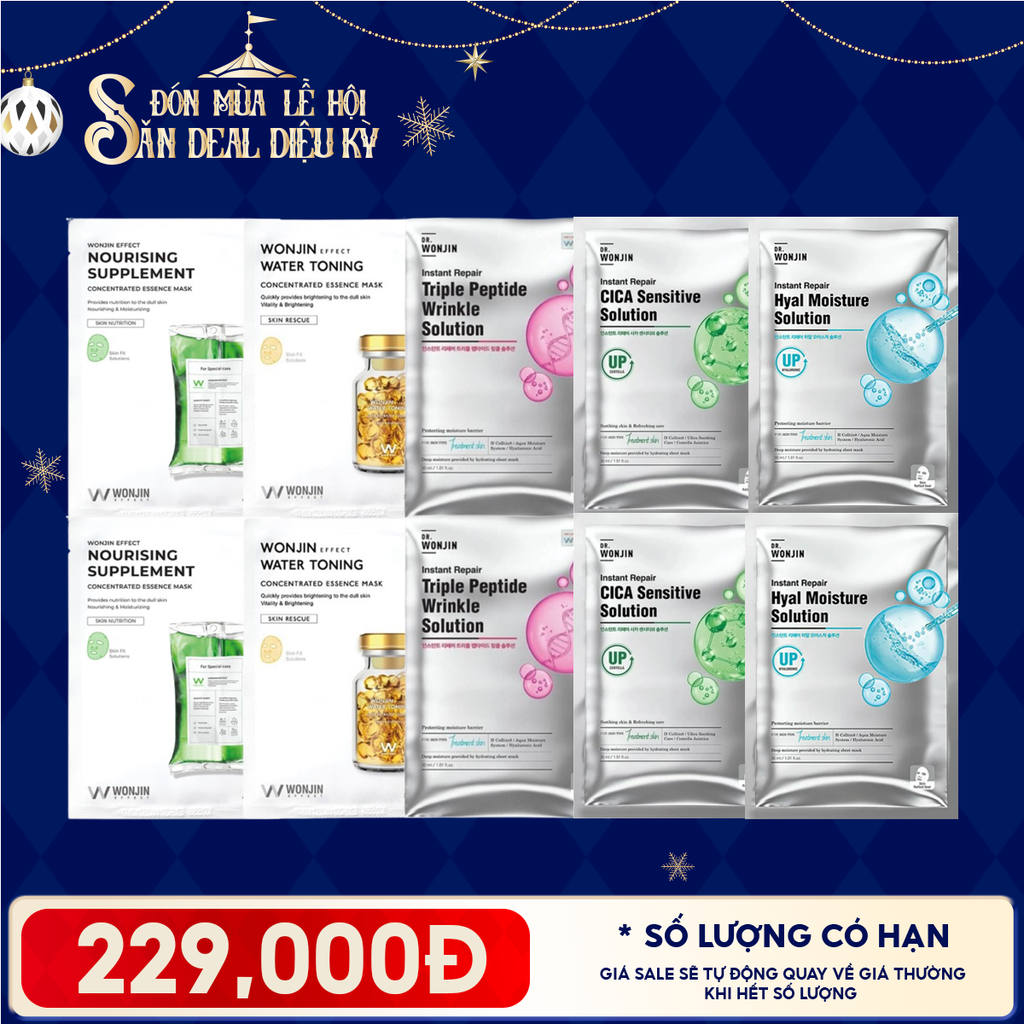 Combo Wonjin 10 Mask: Mặt Nạ Cấp Ẩm Dưỡng Sáng Effect Concentrated Essence + Mặt Nạ Tăng Sinh Collagen Phục Hồi Instant Repair Solution