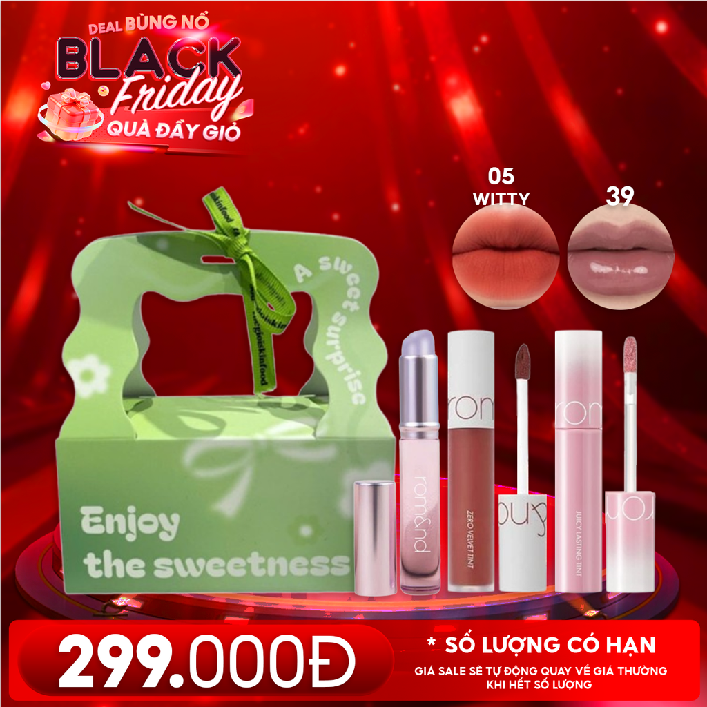 Combo Quà Tặng 20/11: Son Kem Lì Romand Zero Velvet Tint + Son Tint Lì Romand Juicy Lasting Tint + Cọ Môi Silicon + Túi Quà