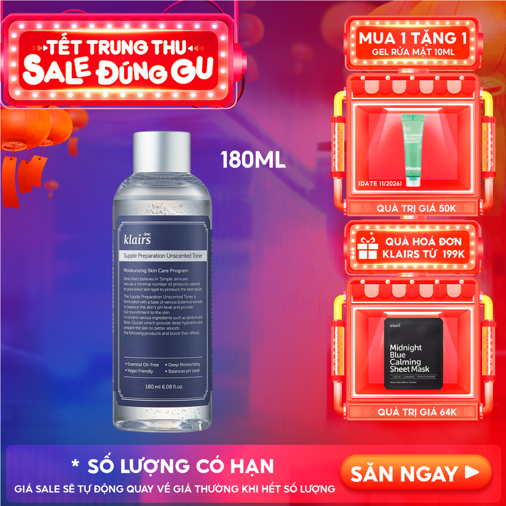 Nước Hoa Hồng Klairs Không Mùi Dưỡng Ẩm, Làm Dịu Da Supple Preparation Unscented Toner 180ml