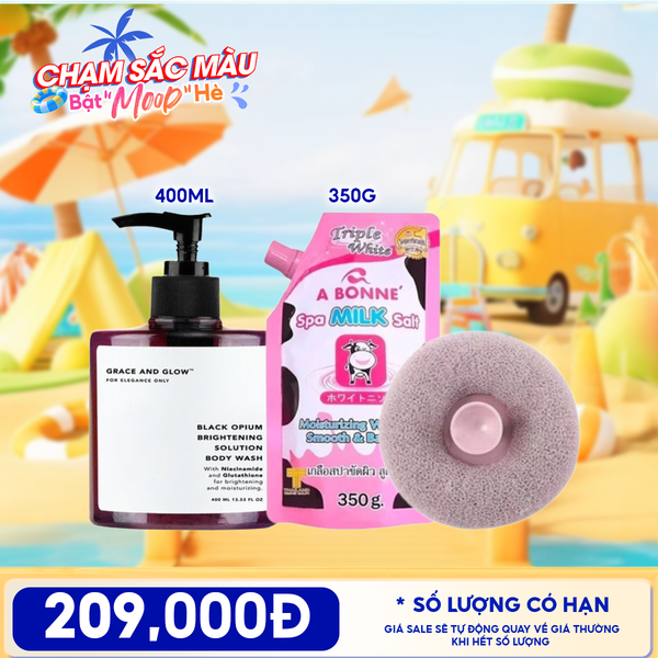  Combo Travel: Muối Tắm Tẩy Tế Bào Chết A Bonne Spa Salt +  Bông Tắm Tròn TOOLA + Sữa Tắm Grace And Glow Body Wash 400ml 
