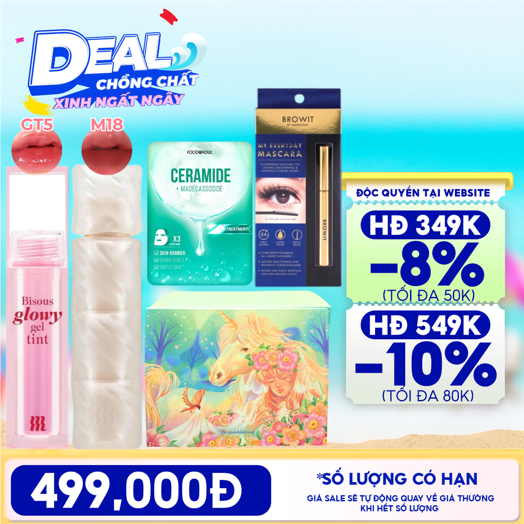 [HỘP QUÀ YÊU THƯƠNG] Son Bóng Pha Lê Merzy Bisous Glowy Gel Tint + Son Phao Kem Lì Merzy Puffer Mellow Tint + Mặt Nạ Foodaholic Ample Mask + Mascara Browit My Everyday Mascara + Hộp Quà Ngẫu Nhiên