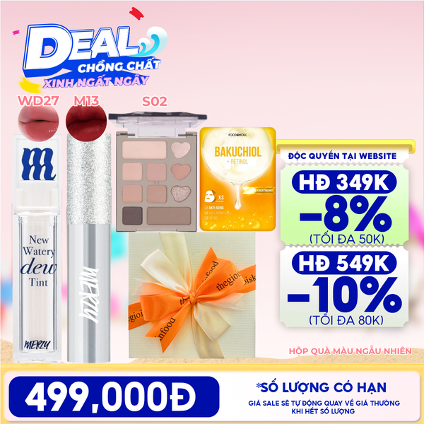  [HỘP QUÀ YÊU THƯƠNG] Son Tint Bóng Merzy The Watery Dew Tint + Son Kem Lì Merzy The Glam Mellow Tint + Phấn Mắt VEECCI 10 Ô Glamorous Dreamland + Mặt Nạ Foodaholic + Hộp Quà Ngẫu Nhiên 