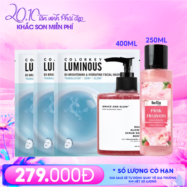  Combo 20/10: Sữa Tắm Grace And Glow 400ml #Rouge 540 + Mặt Nạ Colorkey #Hydrating (3 miếng) + Xịt Thơm Có Nhũ Hella Beauty 250ml #Pink Heaven 