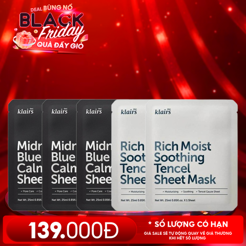 Combo Klairs 5 Mask: Mặt Nạ Làm Dịu, Hỗ Trợ Hồi Da Midnight Blue Calming Sheet Mask + Mặt Nạ Dưỡng Ẩm Rich Moist Soothing Tencel Sheet Mask