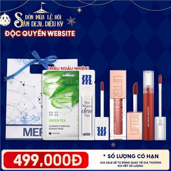  Túi Quà Giáng Sinh 499K: 1 Son Merzy + 1 Son Maybelline + 1 Son Romand + 1 Mặt Nạ + Túi 
