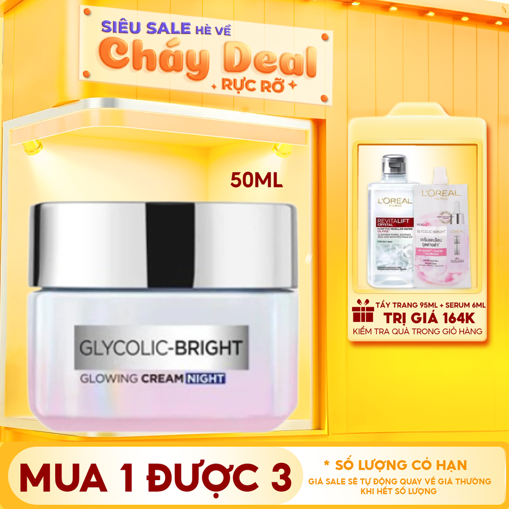 Kem Dưỡng Da L'Oreal Hỗ Trợ Mờ Thâm Nám Ban Đêm Glycolic Bright Glowing Cream Night 50ml