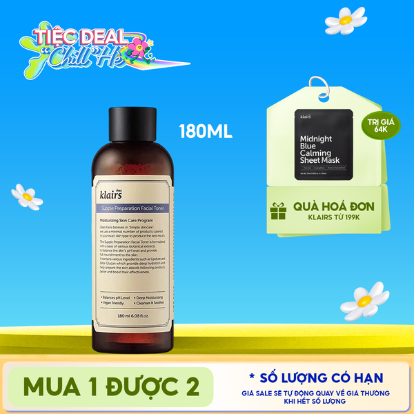  Nước Hoa Hồng Klairs Làm Sạch, Dưỡng Ẩm Supple Preparation Facial Toner 180ml 