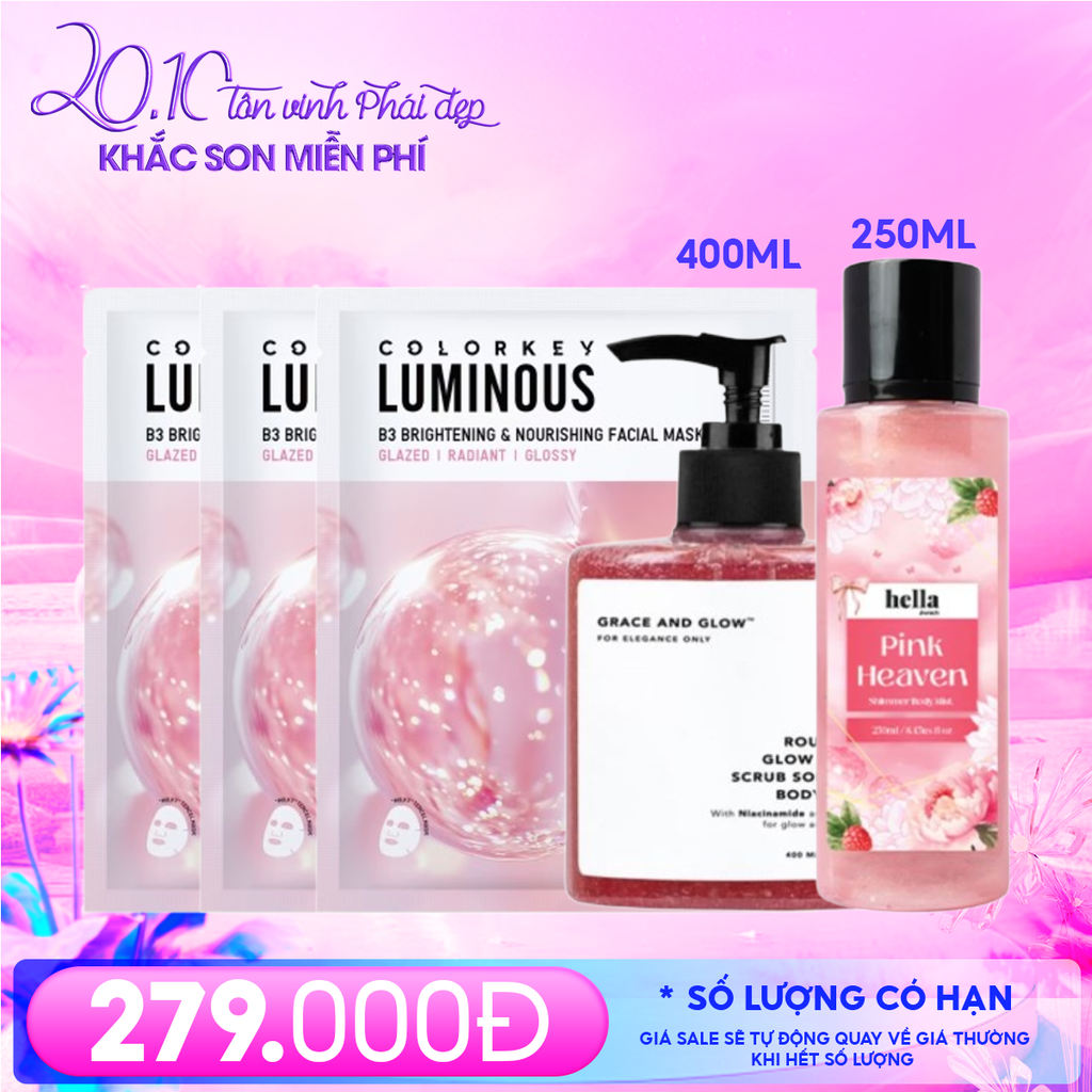 Combo 20/10: Sữa Tắm Grace And Glow 400ml #Rouge 540 + Mặt Nạ Colorkey #Nourishing  (3 miếng) + Xịt Thơm Có Nhũ Hella Beauty 250ml #Pink Heaven