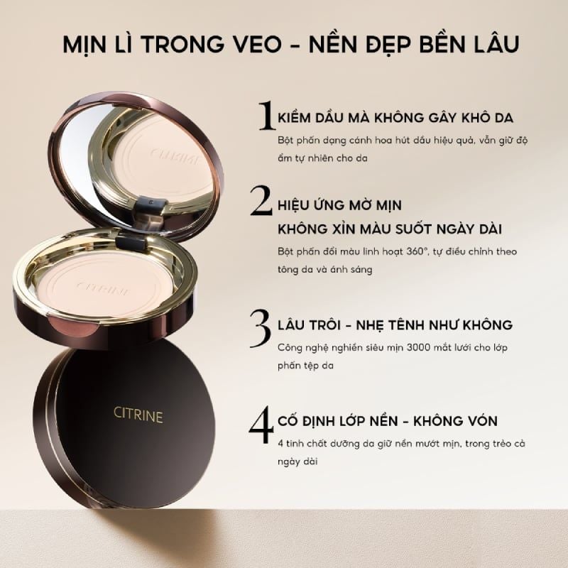 Phấn Phủ Dạng Nén Citrine Kiềm Dầu, Che Phủ Tự Nhiên Soft Velvet Setting Powder 8g