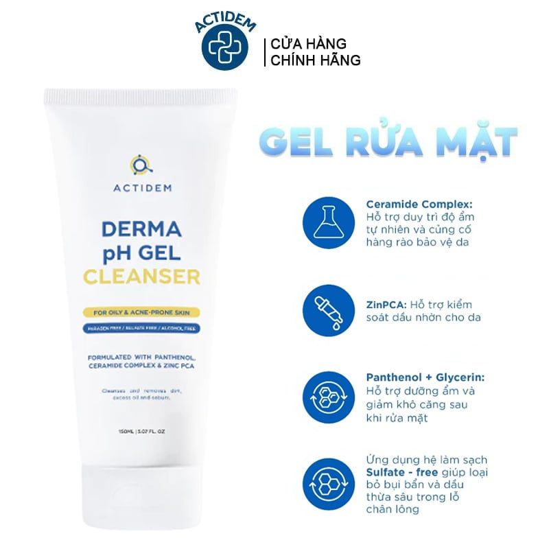 Gel Rửa Mặt Actidem Dành Cho Da Dầu Mụn Derma pH Gel Cleanser 150ml