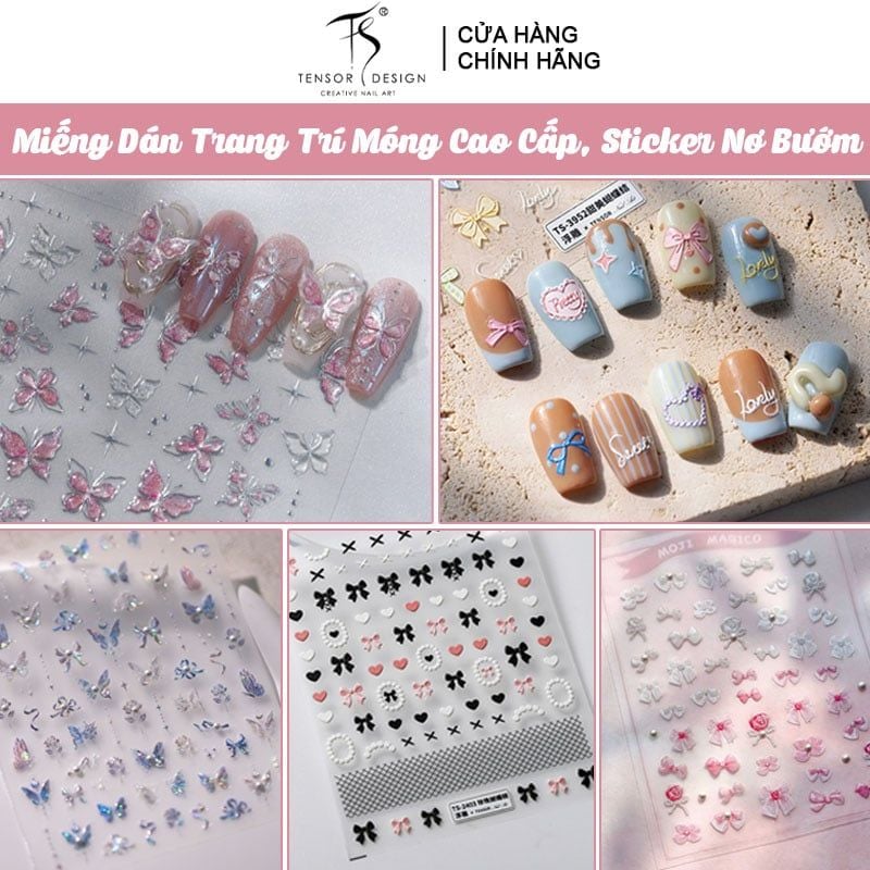 Miếng Dán Trang Trí Móng TENSOR 5D Sticker Nail Cao Cấp, Họa Tiết Nơ Bướm, Trái Tim Lấp Lánh, Siêu Xinh, Mẫu Đa Dạng
