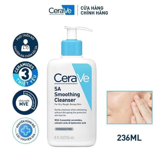  Sữa Rửa Mặt Cerave Làm Sạch Sâu Cho Da Mụn, Tẩy Da Chết Dịu Nhẹ Developed With Dermatologists SA Smoothing Cleanser 236ml 