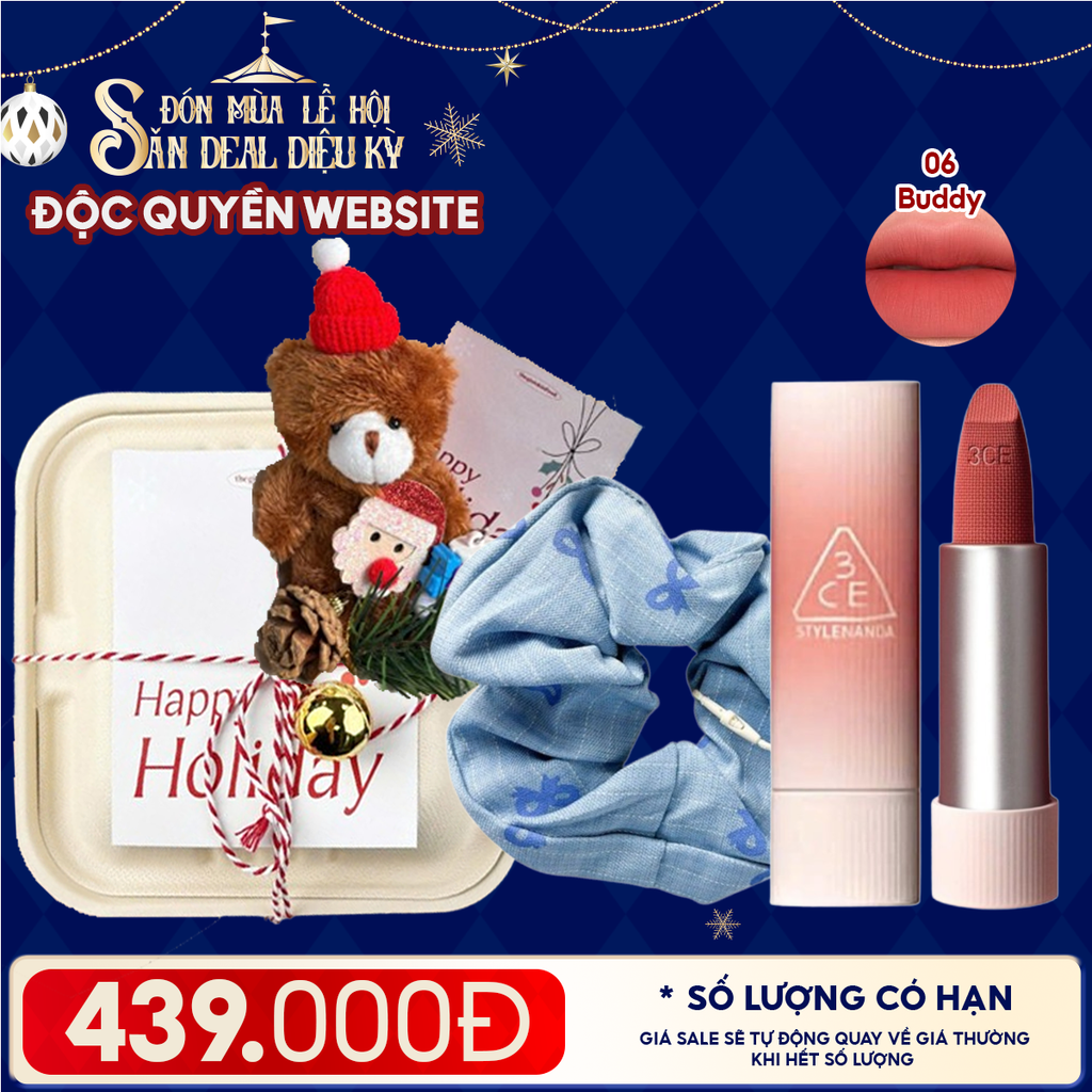 Hộp Quà Giáng Sinh: Son 3CE + Kẹp Tóc Ngẫu Nhiên + Set Quà Gấu + Hộp Bã Mía