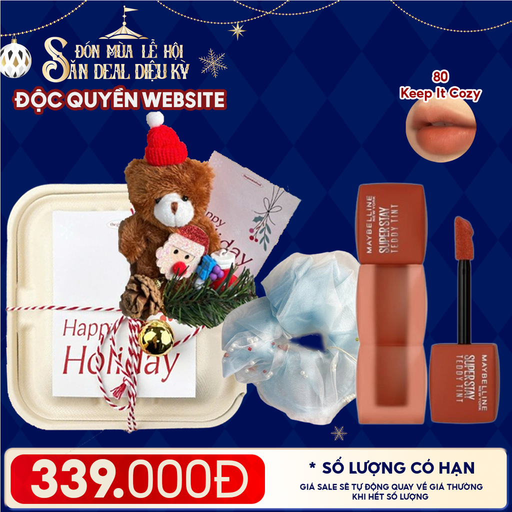Hộp Quà Giáng Sinh: Son Maybelline + Kẹp Tóc Ngẫu Nhiên + Set Quà Gấu + Hộp Bã Mía