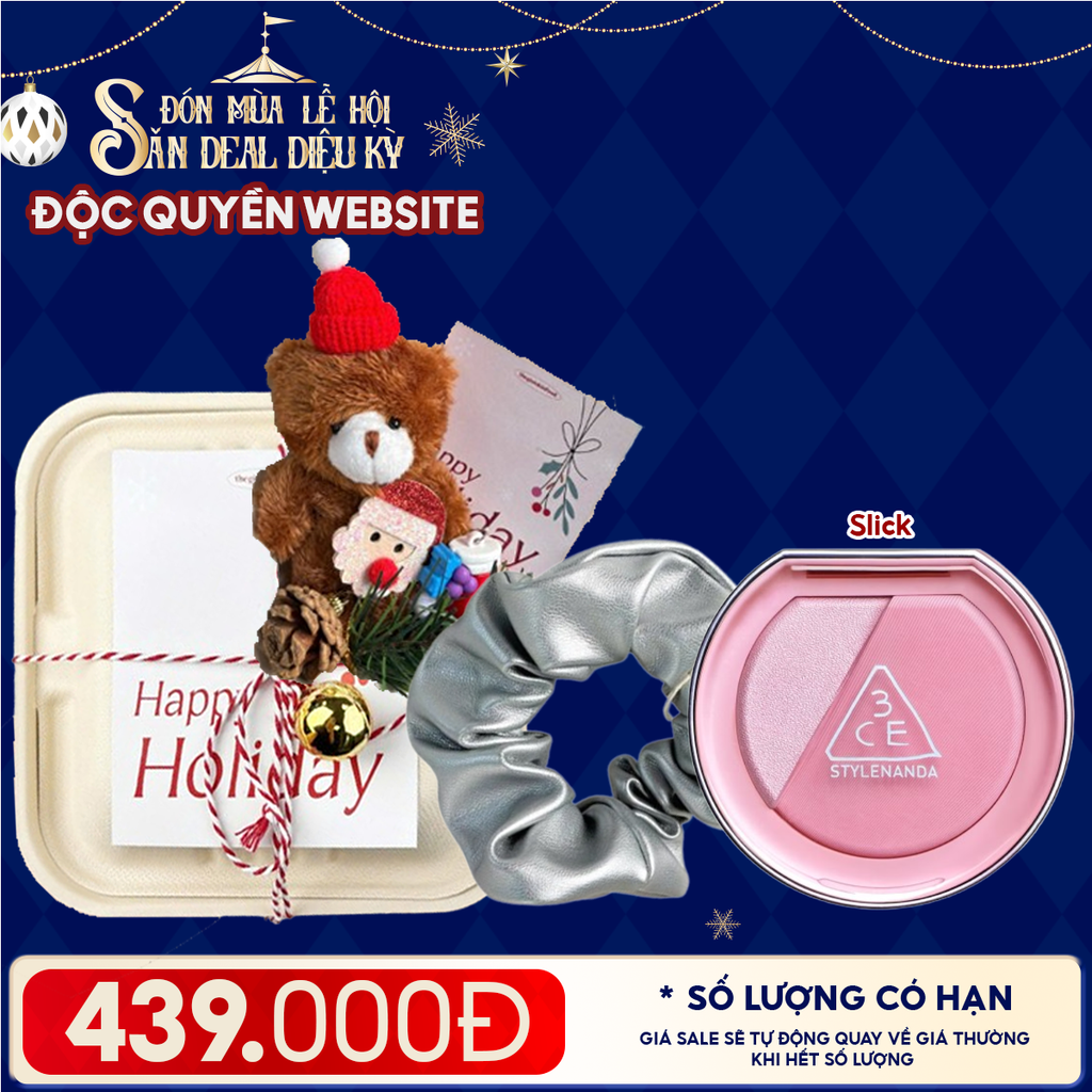 Hộp Quà Giáng Sinh: Má Hồng 3CE + Kẹp Tóc Ngẫu Nhiên + Set Quà Gấu + Hộp Bã Mía