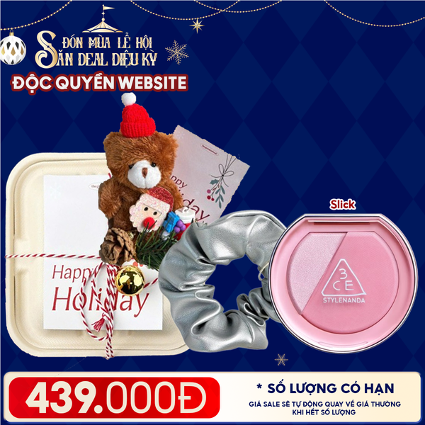  Hộp Quà Giáng Sinh: Má Hồng 3CE + Kẹp Tóc Ngẫu Nhiên + Set Quà Gấu + Hộp Bã Mía 