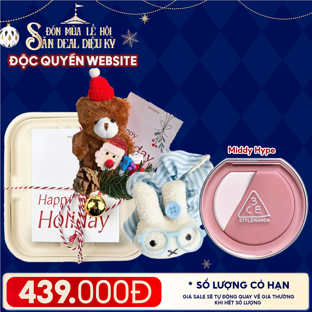 Hộp Quà Giáng Sinh: Má Hồng 3CE + Kẹp Tóc Ngẫu Nhiên + Set Quà Gấu + Hộp Bã Mía