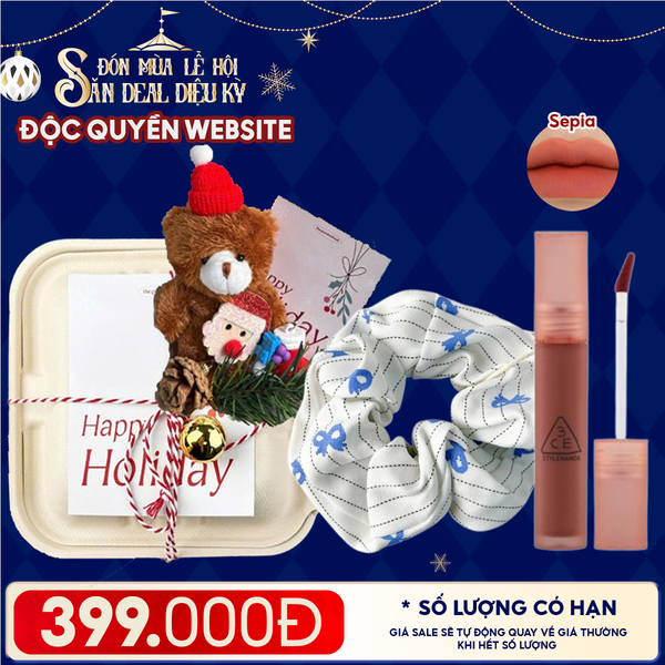  Hộp Quà Giáng Sinh: Son 3CE + Kẹp Tóc Ngẫu Nhiên + Set Quà Gấu + Hộp Bã Mía 