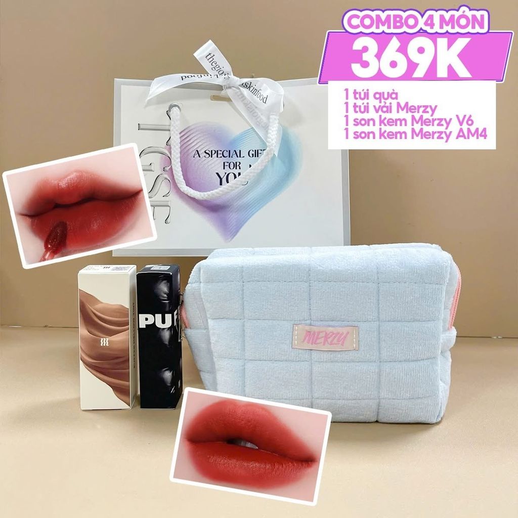 Combo Quà Tặng 20/10: Túi Đựng Make Up Merzy + Son Kem Lì Merzy 3.7g #V6 PUFFER + Son Kem Lì 3.7g #AM4 Leather Bookmark + Túi Quà Vừa #Trắng