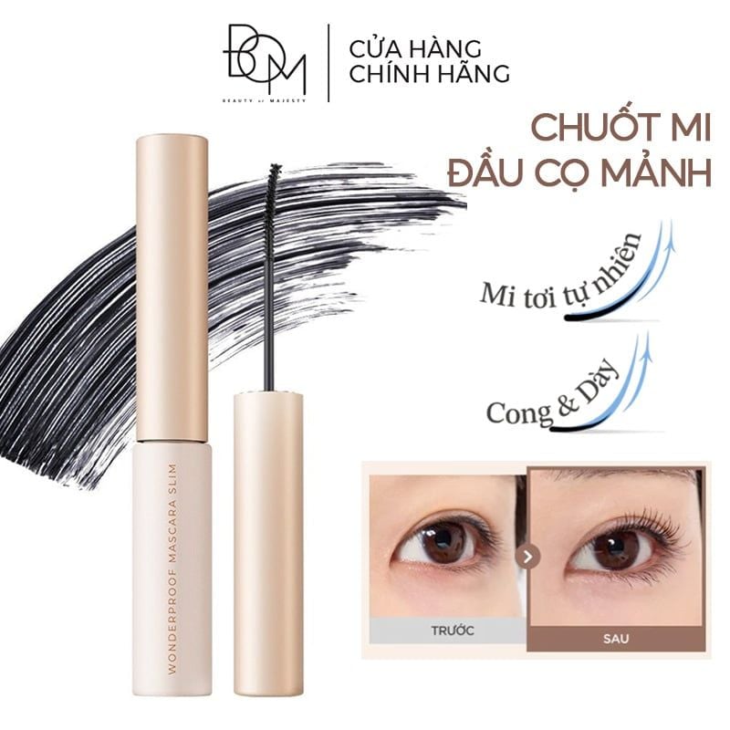 Mascara Chuốt Mi Đầu Cọ Mảnh B.O.M Wonderproof Mascara Slim 4.5g #01 Hyper Black