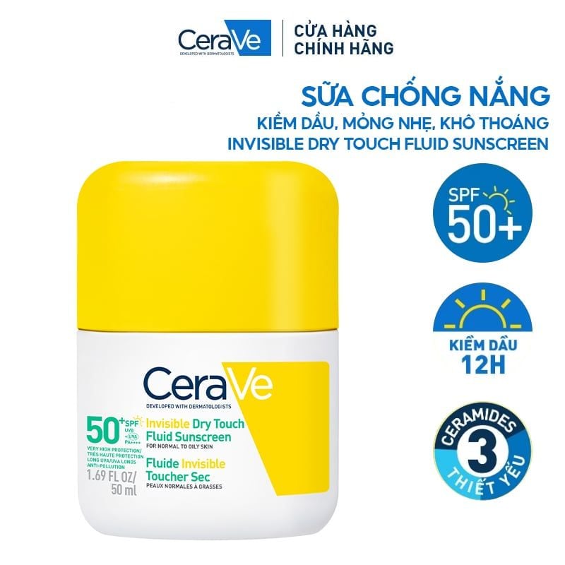 Sữa Chống Nắng Cerave Kiềm Dầu, Mỏng Nhẹ, Khô Thoáng Invisible Dry Touch​ Fluid Sunscreen SPF50+ PA++++​ 50ml