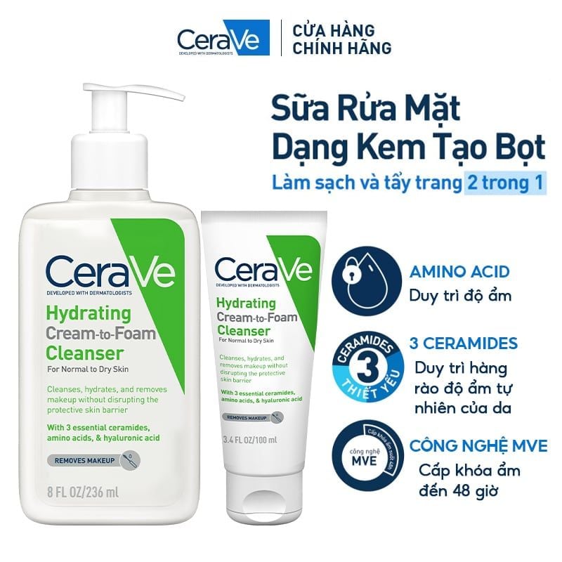 Sữa Rửa Mặt Dạng Kem Cerave Làm Sạch Và Tẩy Trang 2in1 Hydrating Cream-To-Foam Cleanser
