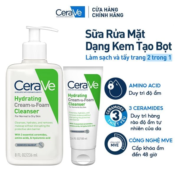  Sữa Rửa Mặt Dạng Kem Cerave Làm Sạch Và Tẩy Trang 2in1 Hydrating Cream-To-Foam Cleanser 