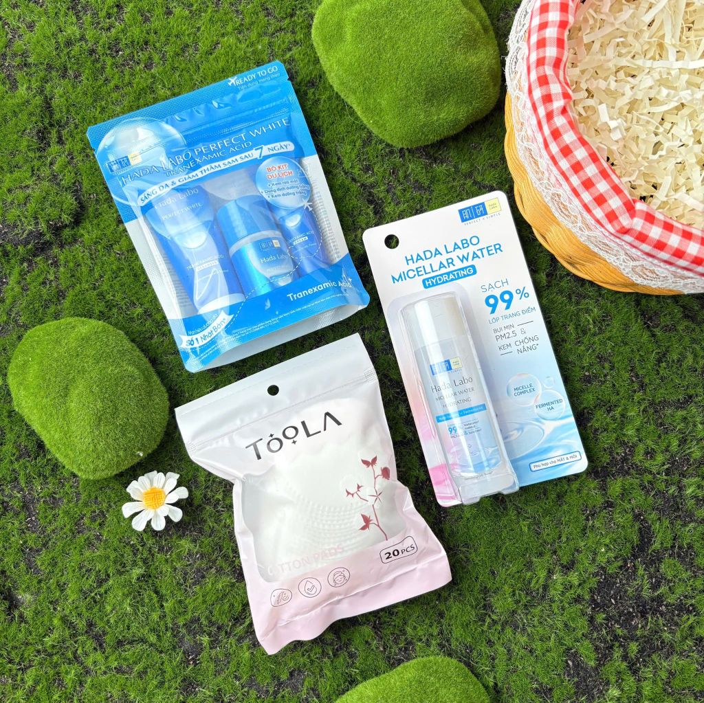 Combo Tiện Lợi:  Bộ Dưỡng Trắng Da Hada Labo Perfect White Tranexamic Acid + Nước Tẩy Trang Hada Labo Micellar Water +  Bông Tẩy Trang Mềm Mịn TOOLA