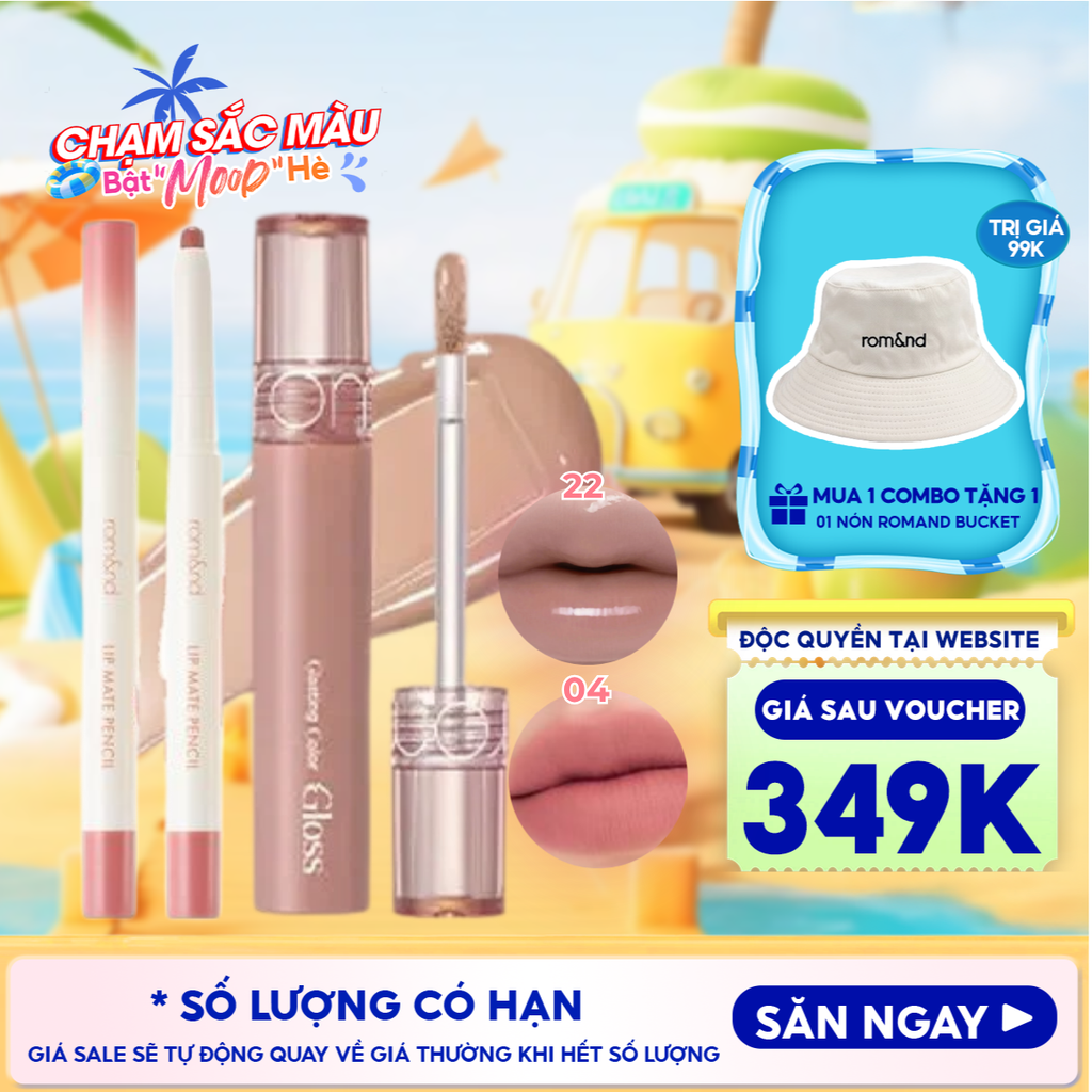 Combo Romand: Son Bóng Romand Glasting Color Gloss + Chì Kẻ Viền Môi Romand 2 Đầu Lip Mate Pencil