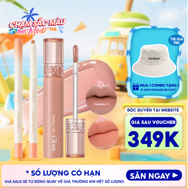  Combo Romand: Son Bóng Romand Glasting Color Gloss + Chì Kẻ Viền Môi Romand 2 Đầu Lip Mate Pencil 