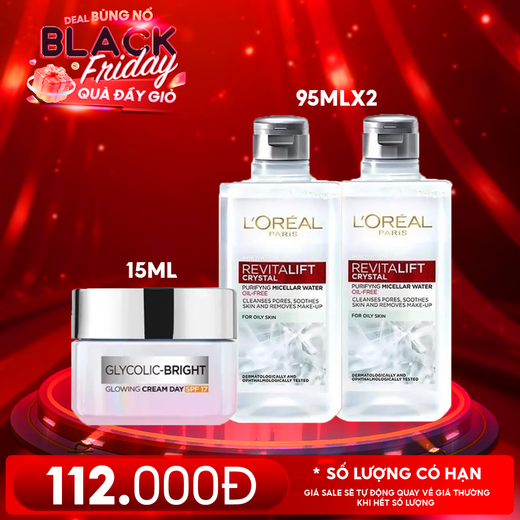 Combo 3 Sản Phẩm L'oreal: Kem Dưỡng Ban Ngày Mờ Thâm Nám 15ml + 2 Chai Nước Tẩy Trang Làm Sạch Cho Da Dầu 95ml