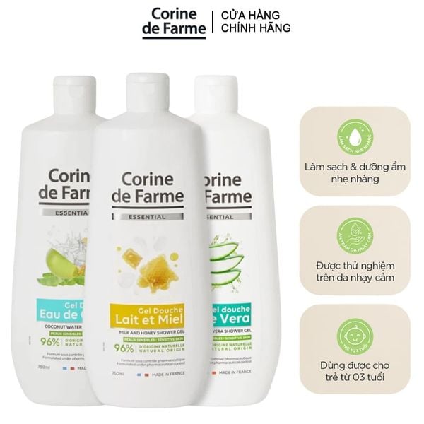  Gel Tắm Chiết Xuất Thiên Nhiên Dưỡng Ẩm, Làm Dịu Da Corine de Farme Essential Shower Gel 750ml 