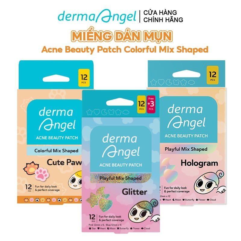 Miếng Dán Mụn Derma Angel Hình Vui Nhộn Acne Beauty Patch Colorful Mix Shaped (12 miếng)
