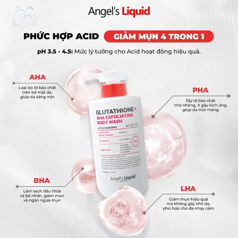 Sữa Tắm Angel's Liquid Hỗ Trợ Giảm Mụn, Dịu Ẩm Làn Da Glutathione Plus Bha Exfoliating Body Wash 250g