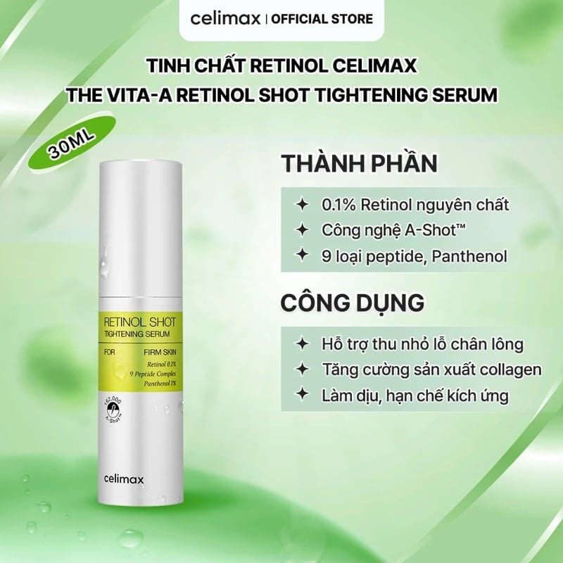 Serum Celimax Hỗ Trợ Dưỡng Sáng & Thu Nhỏ Lỗ Chân Lông The Vita-A Retinol Shot Tightening Serum 30ml