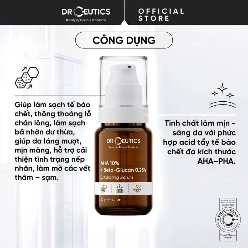 Serum Tẩy Tế Bào Chết Hóa Học DrCeutics AHA 10% + Beta-Glucan 0.25% Exfoliating Serum 40g