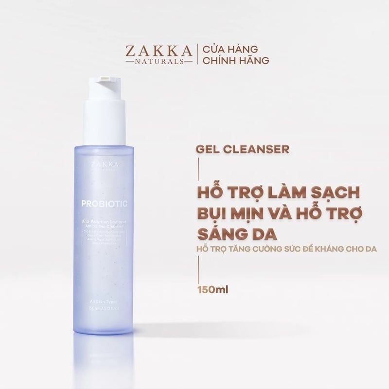 Gel Rửa Mặt Zakka Naturals Làm Sạch Bụi Mịn, Hỗ Trợ Sáng Da Probiotic Anti-Pollution Radiance Amino Gel Cleanser 150ml