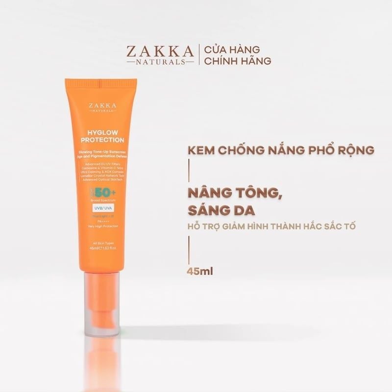 Kem Chống Nắng Phổ Rộng Nâng Tông Sáng Da Zakka Naturals Hyglow Protection Glowing Tone-Up Sunscreen Age and Pigmentation Defense 45ml