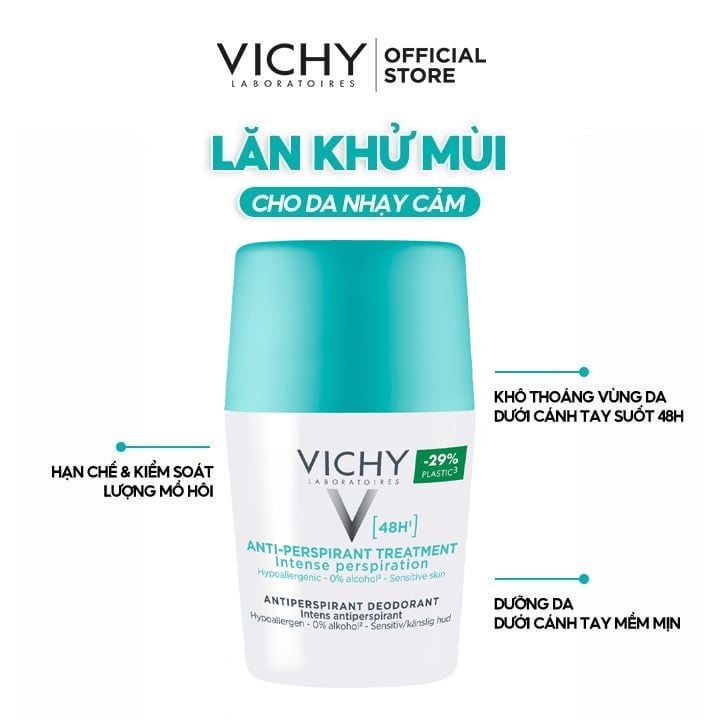 Lăn Khử Mùi Vichy Hỗ Trợ Giảm Mồ Hôi Dưới Cánh Tay, Giữ Khô Thoáng Suốt 48h Cho Da Nhạy Cảm Traitement Anti – Transpirant 48h 50ml (Che tên sản phẩm khi giao hàng)