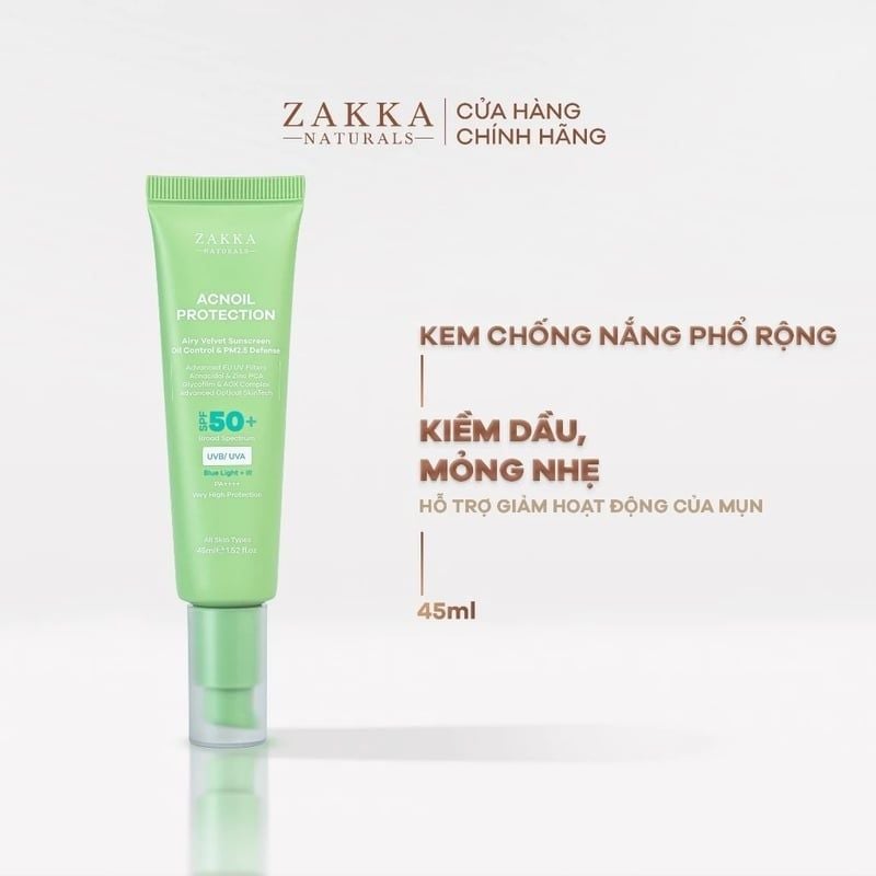 Kem Chống Nắng Zakka Naturals Phổ Rộng Kiềm Dầu Acnoil Protection Airy Velvet Sunscreen Oil Control & PM2.5 Defense 45ml