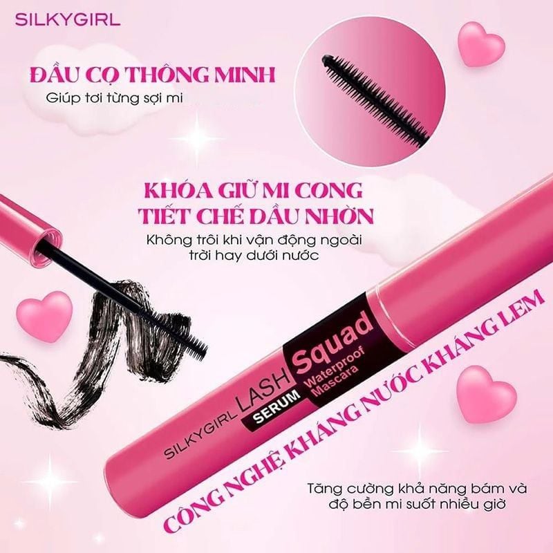 Mascara Làm Dài, Dày Và Cong Mi Silkygirl Lash Squad Serum Waterproof Mascara #01 Intense 4ml