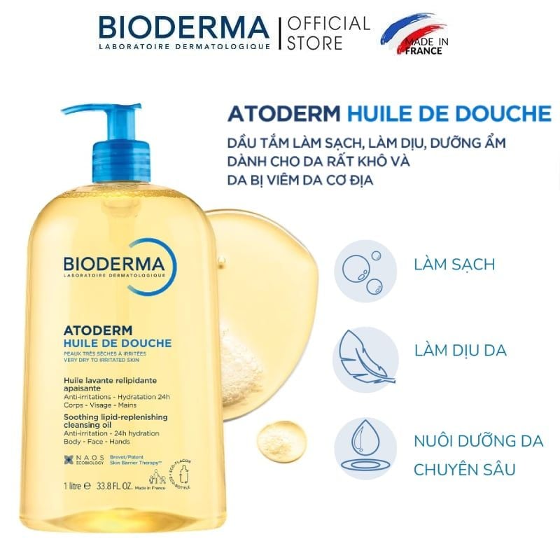 Dầu Tắm Bioderma Làm Sạch, Làm Dịu Cho Da Khô, Nhạy Cảm Atoderm Huile De Douche 1000ml