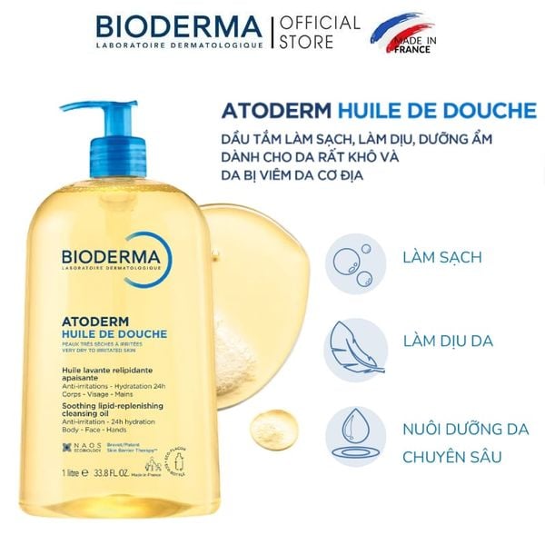  Dầu Tắm Bioderma Làm Sạch, Làm Dịu Cho Da Khô, Nhạy Cảm Atoderm Huile De Douche 1000ml 