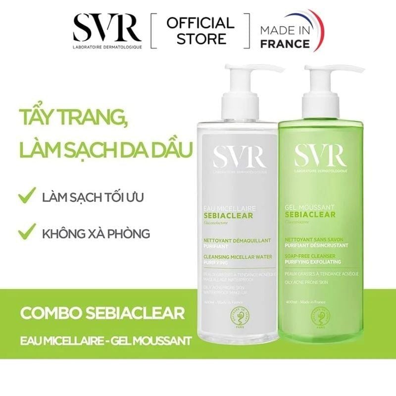 [2 Items] Bộ Đôi SVR Làm Sạch Sâu Loại Bỏ Dầu Nhờn Dành Cho Da Dầu Mụn Sebiaclear Gel Moussant 400ml + Eau Micellaire 400ml