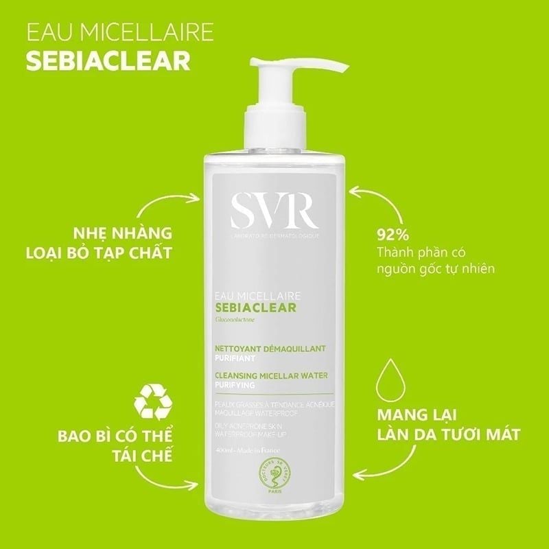 Nước Tẩy Trang SVR Làm Sạch Sâu, Hỗ Trợ Giảm Dầu Nhờn Sebiaclear Eau Micellaire