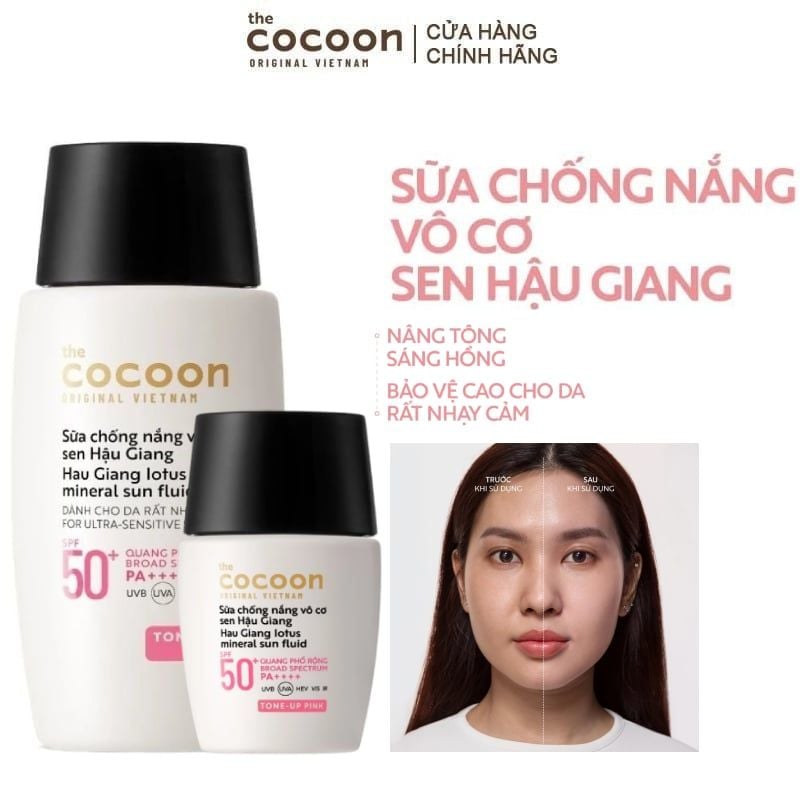 Sữa Chống Nắng Vô Cơ Sen Hậu Giang Cocoon Hau Giang Lotus Mineral Sun Fluid SPF 50+ PA++++ (Tone-Up Pink)