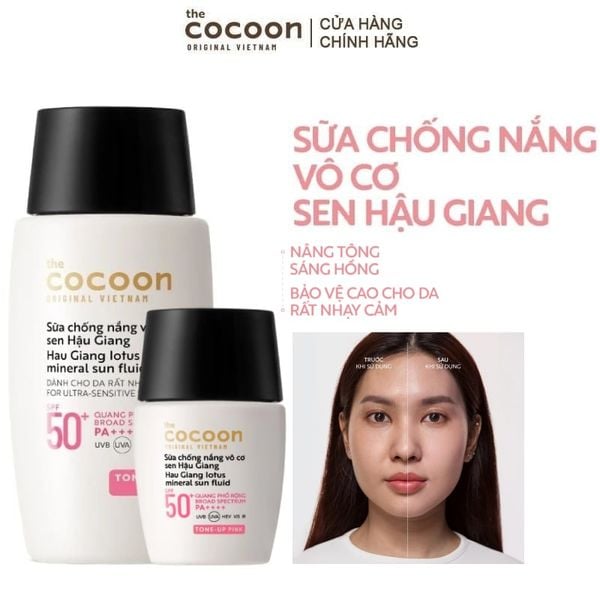  Sữa Chống Nắng Vô Cơ Sen Hậu Giang Cocoon Hau Giang Lotus Mineral Sun Fluid SPF 50+ PA++++ (Tone-Up Pink) 